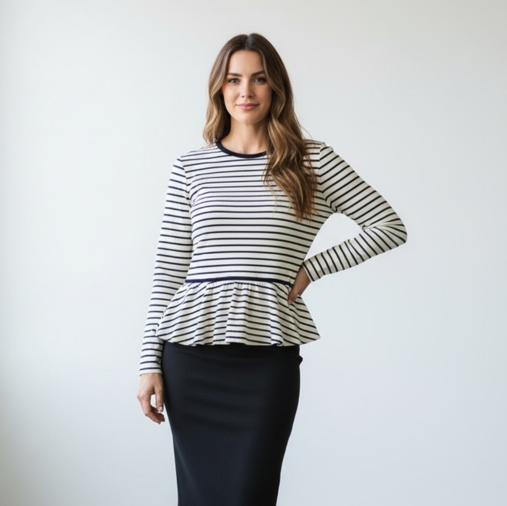 The Row Black and White Striped Peplum Long Sleeve Top